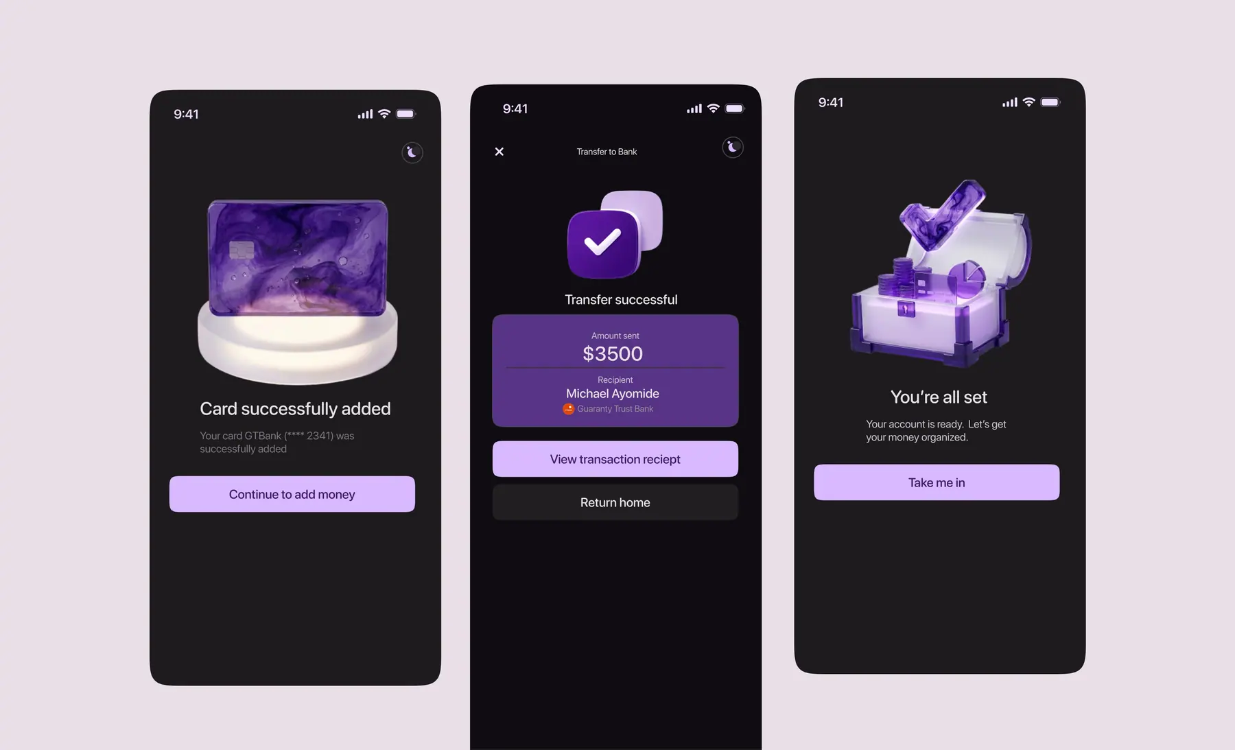 SPND card added, transfer successful, and account ready confirmation screens
